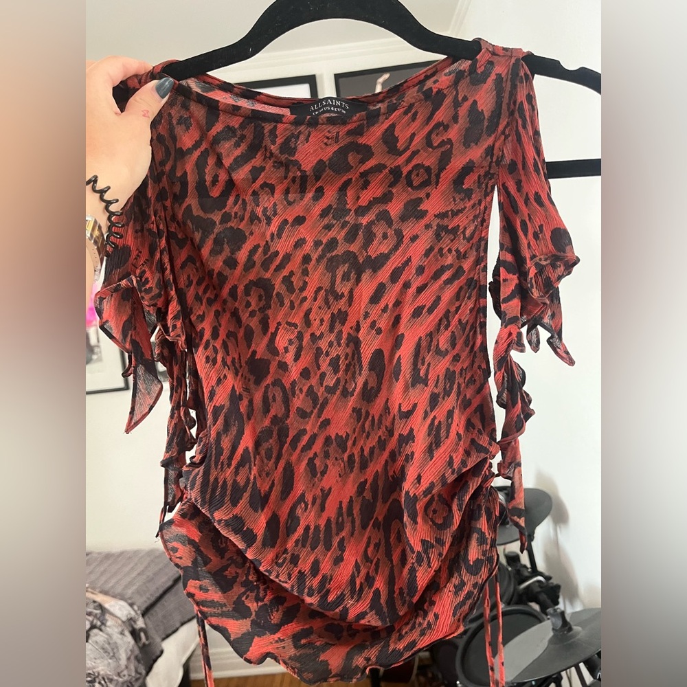 ALL SAINTS Sheer Flowy Red and Black Leopard Tank Top